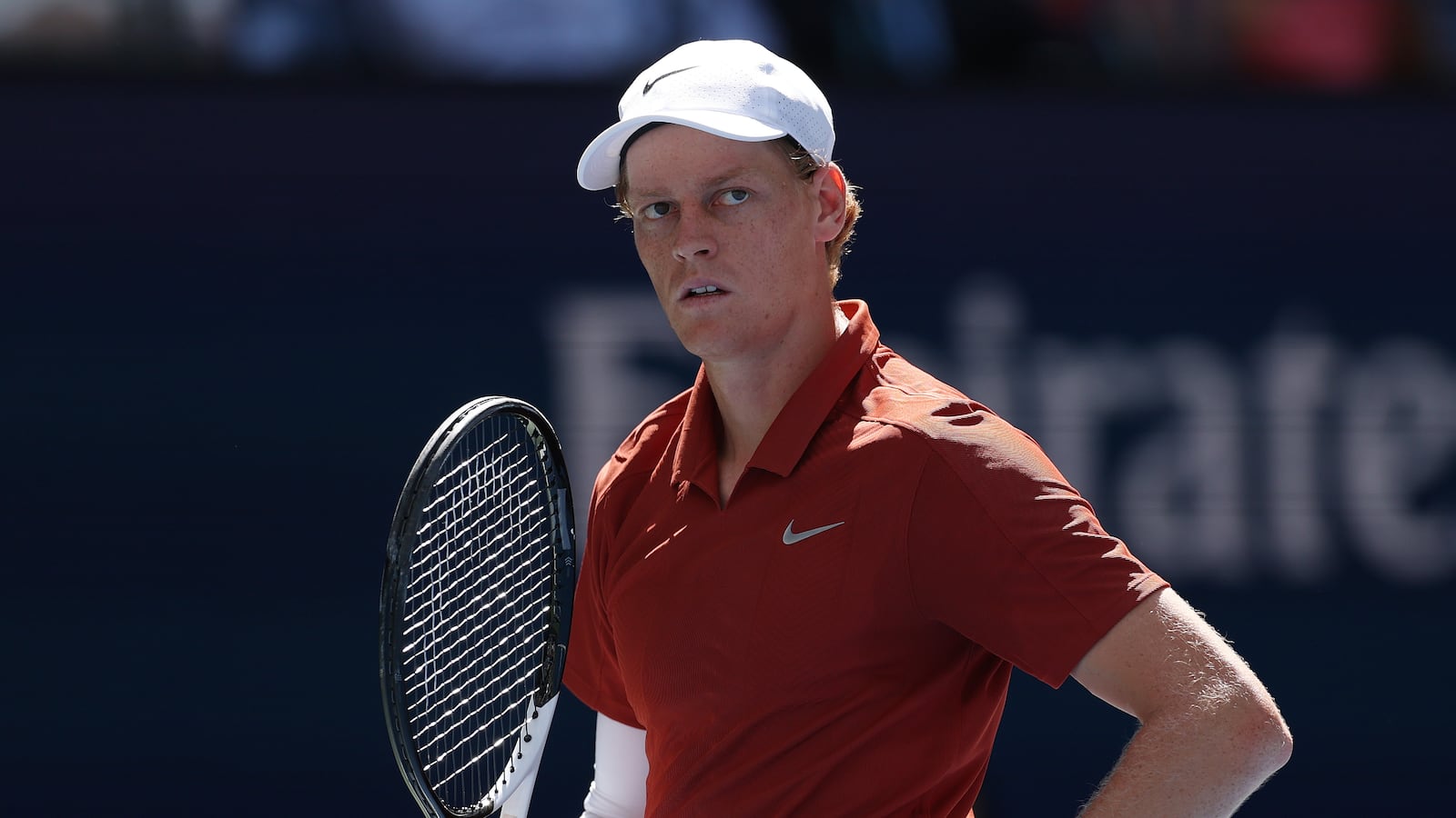 NEW YORK, NEW YORK - AUGUST 30: Jannik Sinner of Italy reacts while playing against Denis Shapovalov of Canada during their Men's Singles Third Round match on Day Seven of the 2025 US Open at USTA Billie Jean King National Tennis Center on August 30, 2025 in the Flushing neighborhood of the Queens borough of New York City.