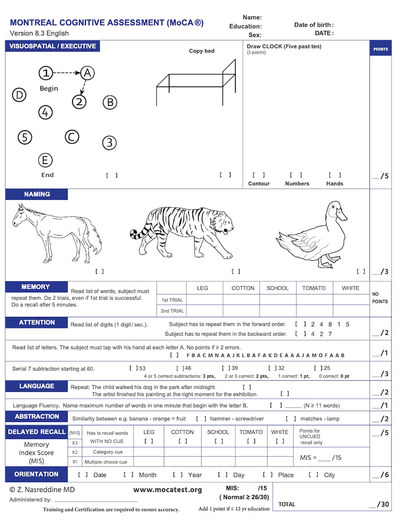 Sample questions part of the Montreal Cognitive Assessment, according to the University of Missouri.