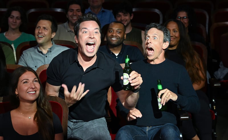 The Late Show with Stephen Colbert and guests Seth Meyers and Jimmy Fallon during Monday’s July 21, 2025 show. Photo: Scott Kowalchyk ©2025 CBS Broadcasting Inc. All Rights Reserved.