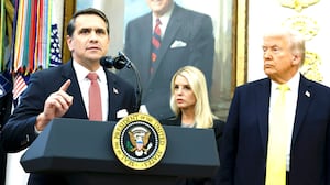 U.S. Deputy Attorney General Todd Blanche (L) speaks as U.S. Attorney General Pam Bondi (C) and U.S. President Donald Trump look on during a press conference