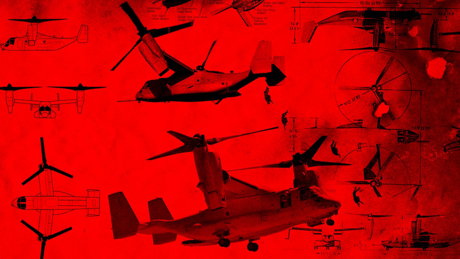 A photo illustration of the Bell Boeing MV-22 Osprey aircraft.