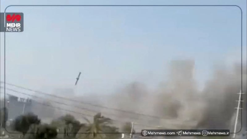 A still image from video shows what experts believe is a U.S. Tomahawk missile hitting near the Shajareh Tayyebeh girls' school in Minab, Hormozgan province, Iran, February 28, 2026.