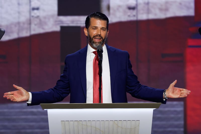 Donald Trump Jr., son of former U.S. President Donald Trump speaks on stage  on the third day of the Republican National Convention at the Fiserv Forum on July 17, 2024 in Milwaukee, Wisconsin.