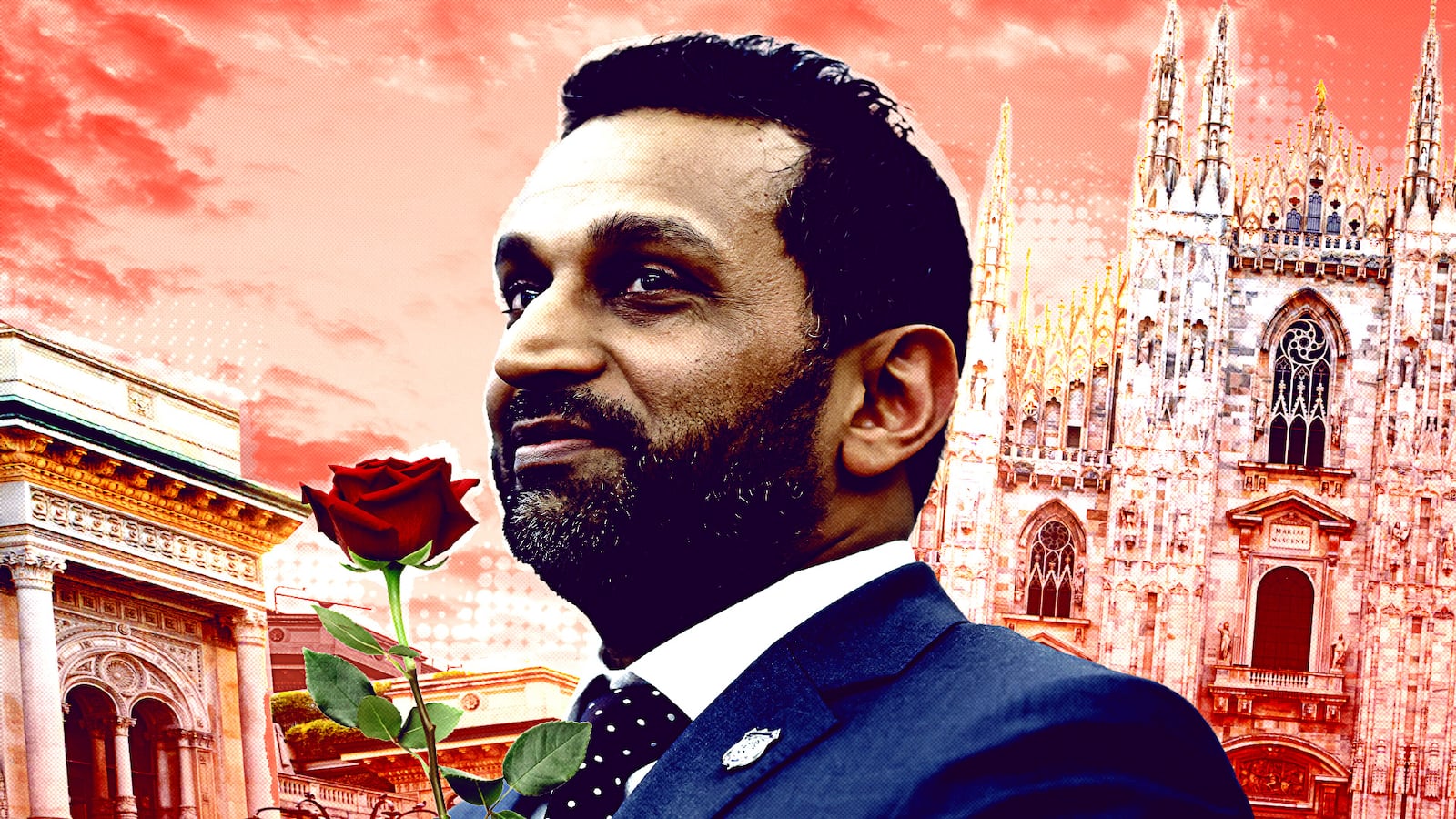 Kash Patel holding a rose in Milan Italy.
