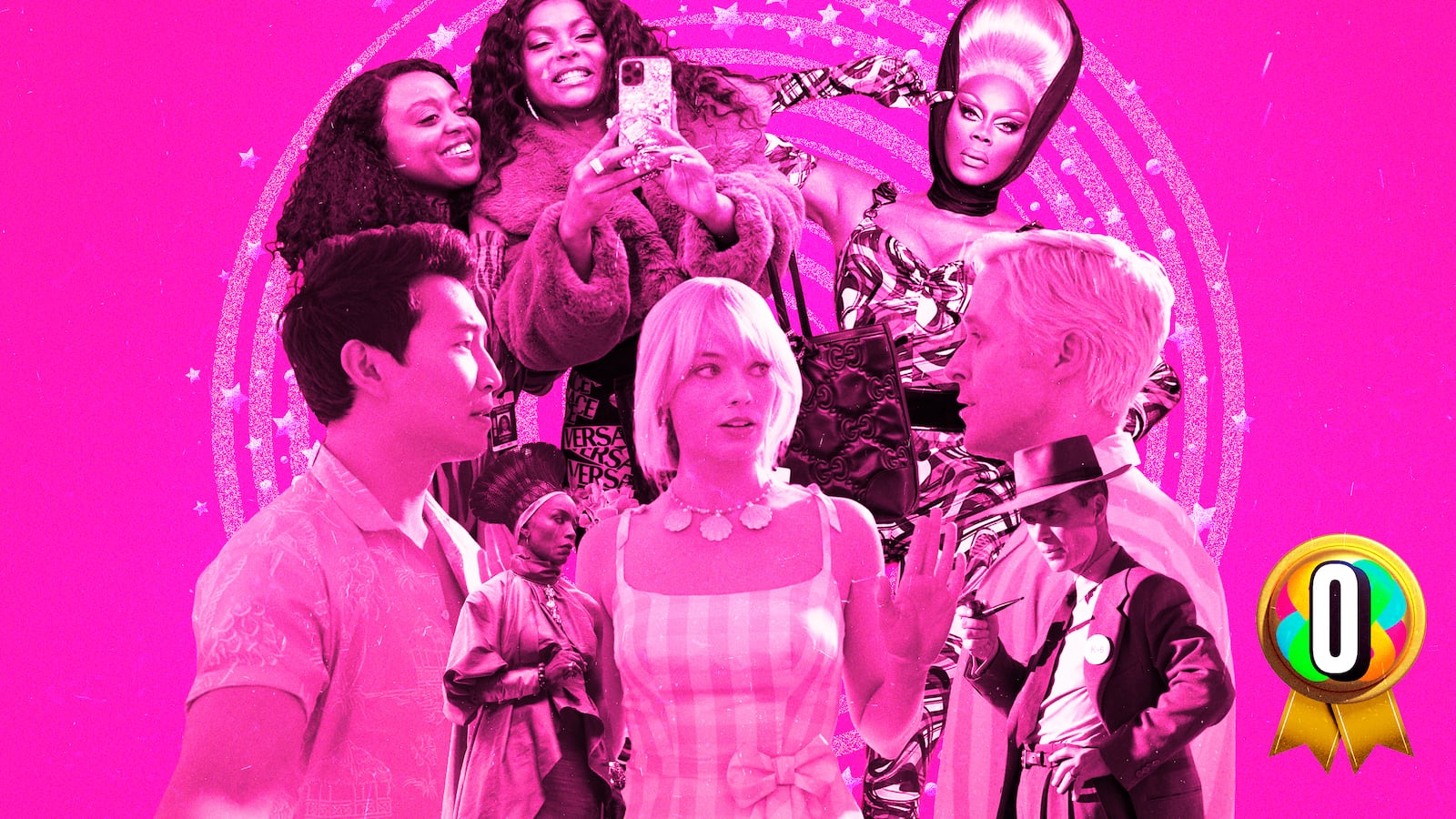 A photo illustration of Barbie, Abbott Elementary, Black Panther: Wakanda Forever, Oppenheimer, and Ru Paul's Drag Race.