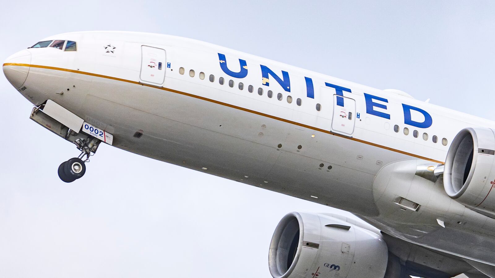 United Airlines Boeing wide body 777-200 aircraft as seen during take off