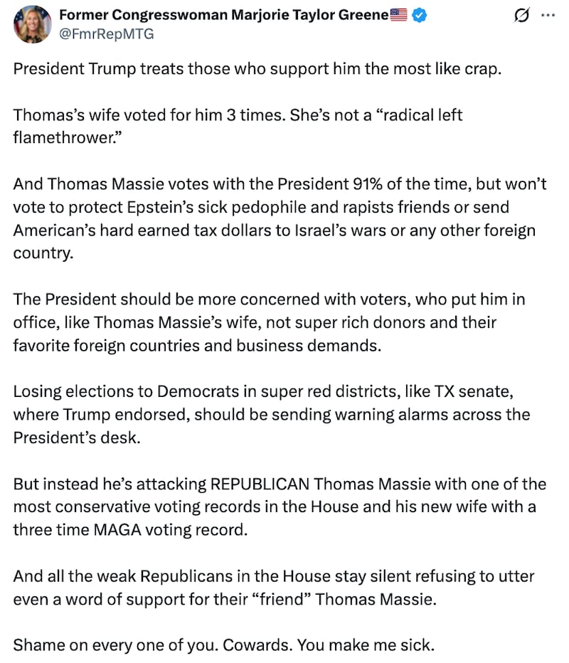 MTG X post about Trump and Thomas Massie