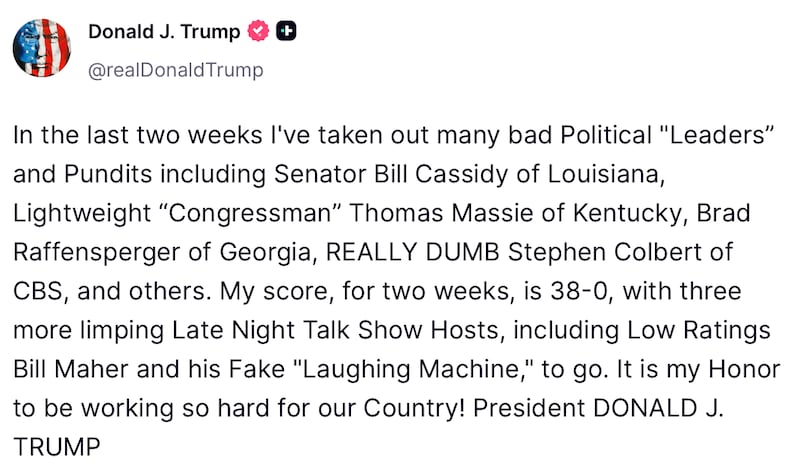 Donald Trump brags about Colbert's sacking.