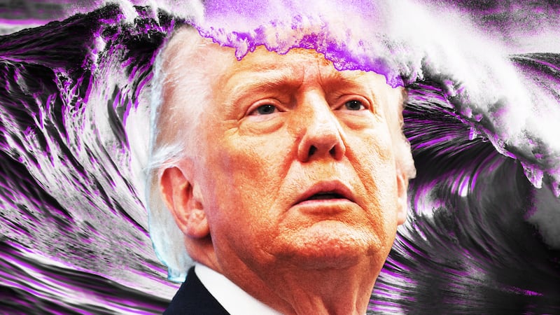 Donald Trump in front of a purple wave