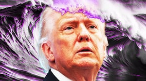 Donald Trump in front of a purple wave