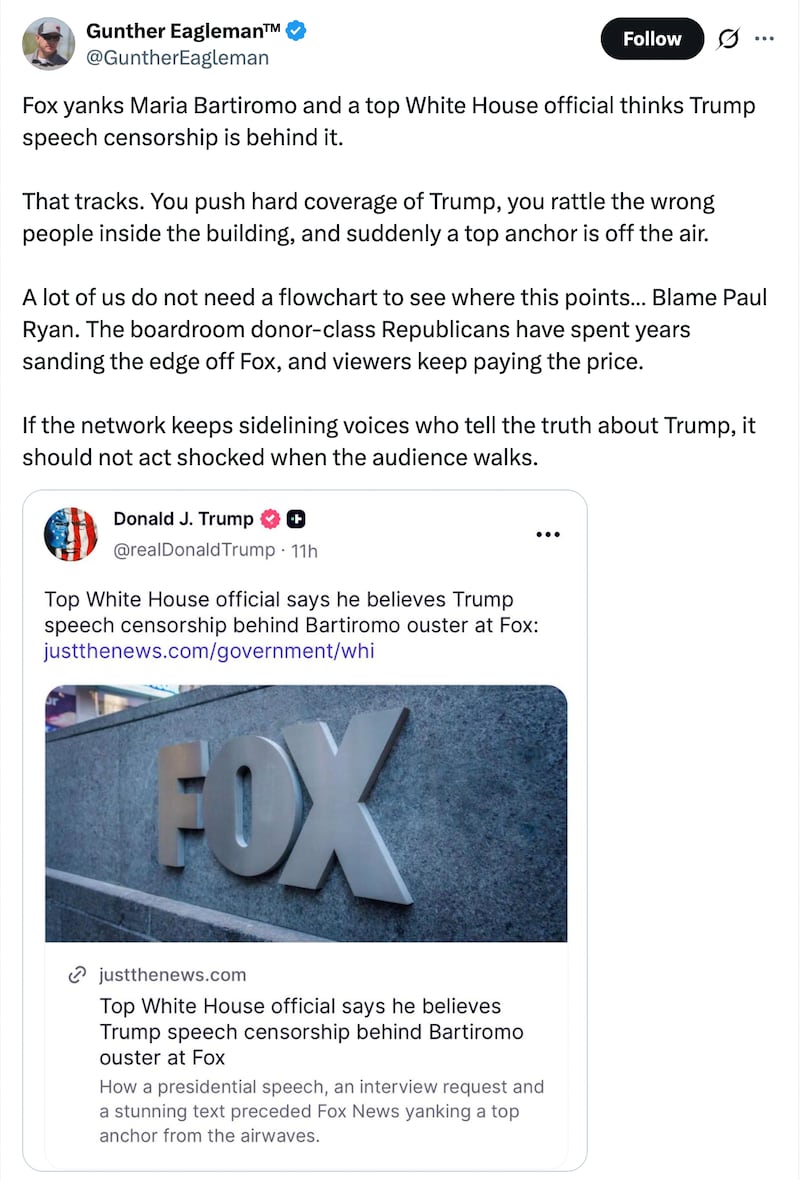 The MAGA influencer Gunther Eagleman is blaming former House Speaker Paul Ryan for the firing of Maria Bartiromo.