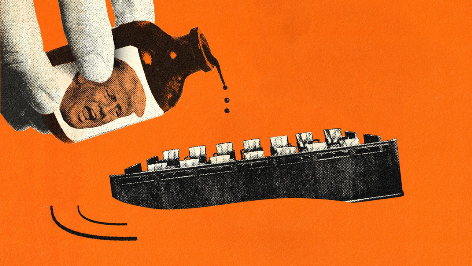 A photo illustration of a bottle of poison with former President Donald Trump’s face being poured into a jury box.