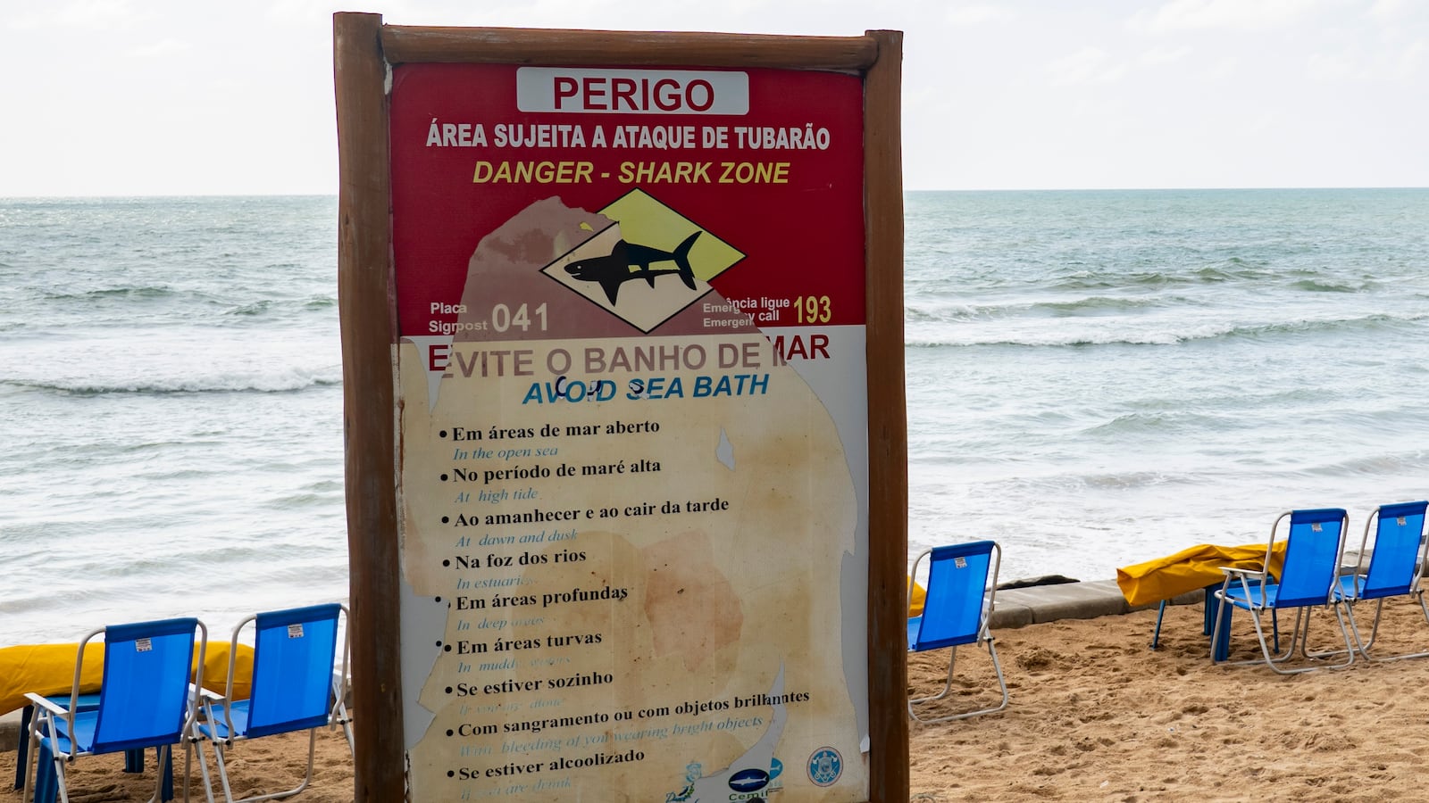 A warning sign about the danger of sharks is standing on the beach in the neighborhood of Boa Viagem, Recife, Pernambuco, Brazil, on January 27, 2024. (Photo by Emmanuele Contini/NurPhoto via Getty Images)