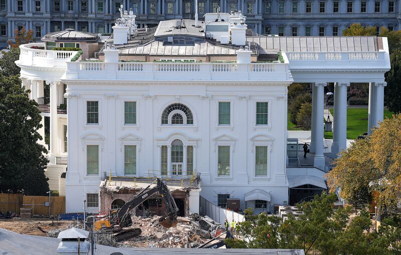 Demolition of the East Wing of the White House continues for the construction on U.S. President Donald Trump's proposed new ballroom, on October 26, 2025 in Washington, DC. (Photo by Al Drago/Getty Images)