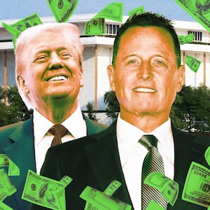 A photo illustration of Donald Trump, Richard Grenell, and flying money in front of the Kennedy Center.