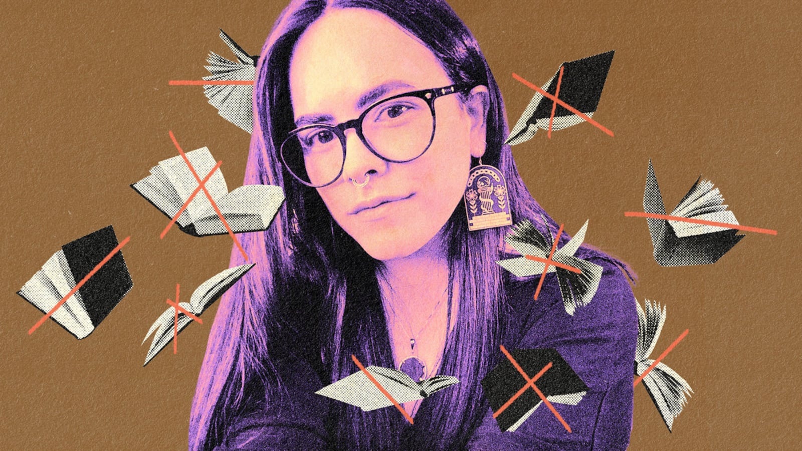 A photo illustration of Cait Corrain with books floating around her with X’s through them.