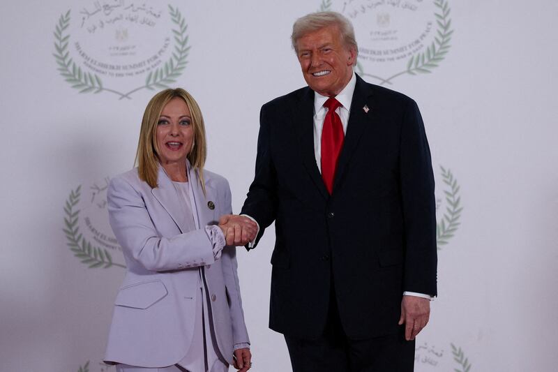U.S. President Donald Trump and Italian Prime Minister Giorgia Meloni in Sharm el-Sheikh, Egypt, October 13, 2025.
