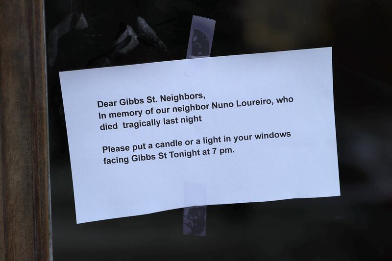 Brookline, MA - December 16: A note on the front door to the home of Nuno F.G. Loureiro on December 16, 2025. Loureiro, a Massachusetts Institute of Technology professor, was found dead of gunshot wounds the night before. (Photo by Danielle Parhizkaran/The Boston Globe via Getty Images)