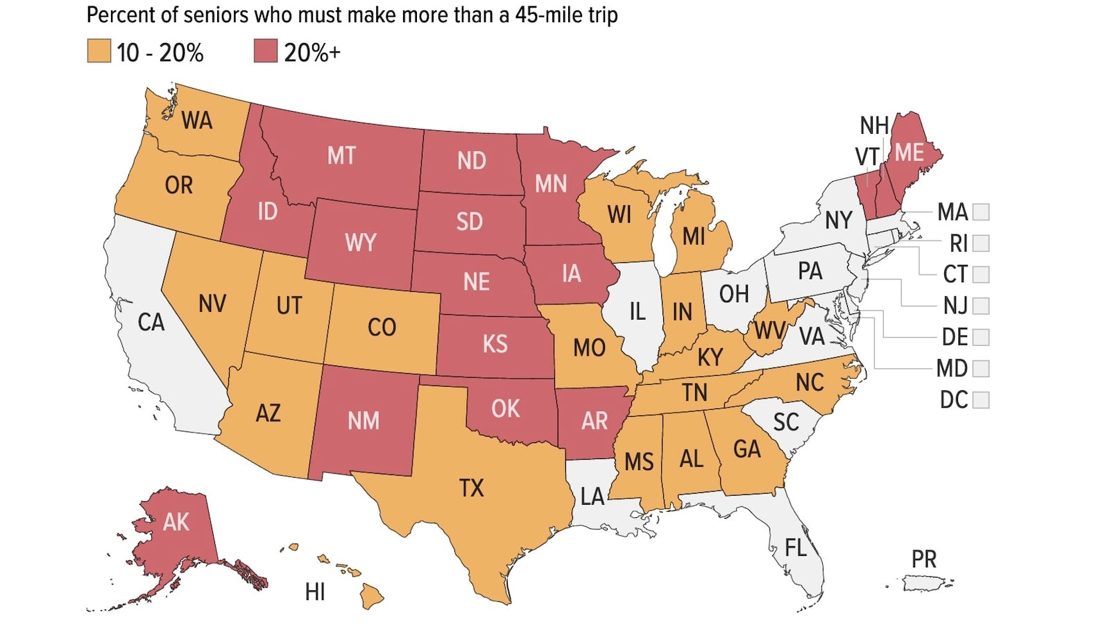 Map showing where in the US Seniors Must Travel Over 45 Miles to Access Their Nearest Social Security Field Office