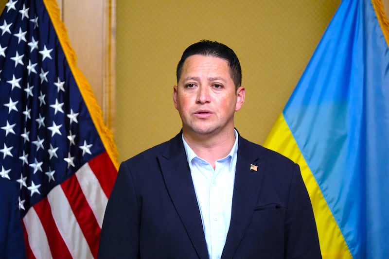 Rep. Tony Gonzalez, R-TX, speaks during press conference of members of US Congress delegation on July 1, 2024 in Kyiv, Ukraine.