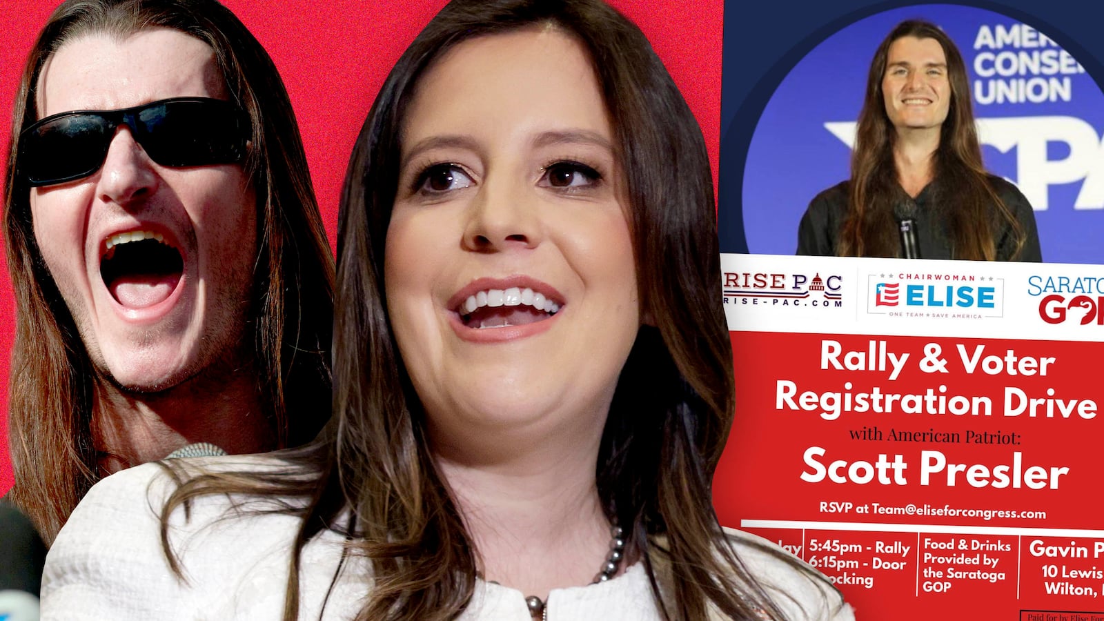 Illustration showing Elise Stefanik and right-wing conspiracy theorist