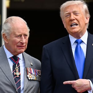 Britain's King Charles and U.S. President Donald Trump pose during a farewell ceremony at the White House on the final day of the King and Queen's state visit, in Washington, D.C., U.S., April 30, 2026 . Samir Hussein/Pool via REUTERS
