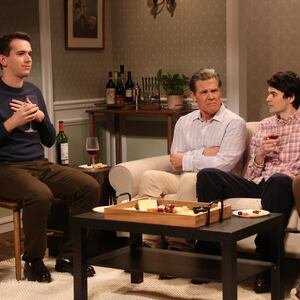 Sarah Sherman as Melissa, Andrew Dismukes as Rick, Josh Brolin as Chris, Michael Longfellow and Devon Walker as Randall during the "Wine and Cheese Night' skit