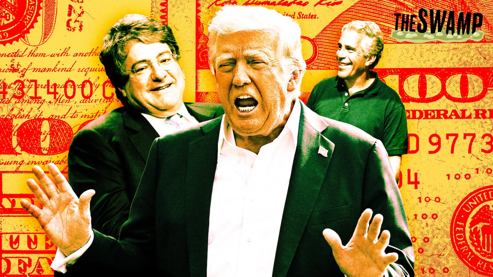 A photo illustration of Leon Black, President Donald Trump, and Jeffrey Epstein, on a background of red and yellow hundred dollar bills.