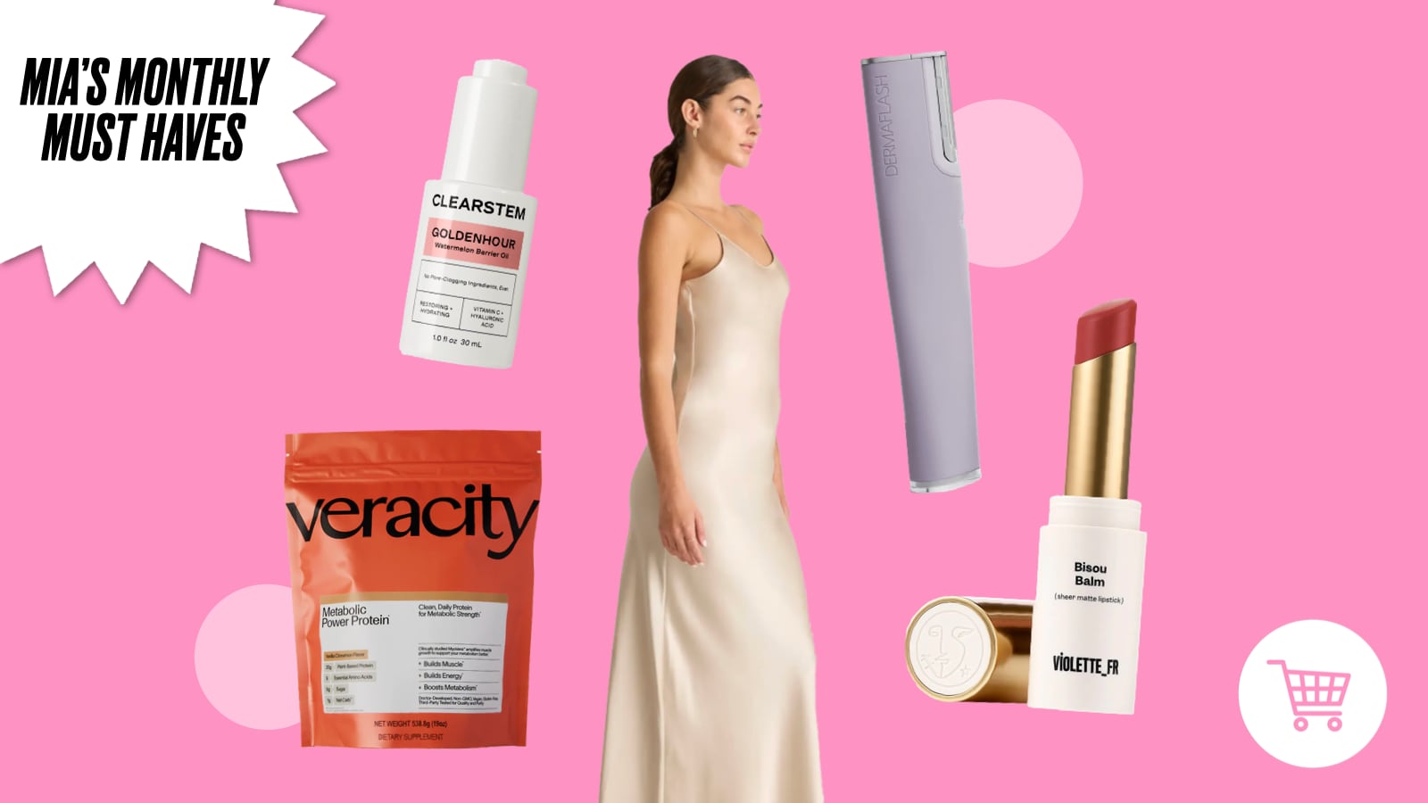 Editorial graphic titled “Mia’s Monthly Must-Haves” featuring a silk slip dress, Clearstem Goldenhour Barrier Oil, Dermaflash Luxe device, Veracity Metabolic Power Protein, and Violette_fr Bisou Balm on a pink background.