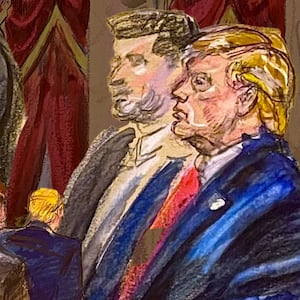 Composite image of courtroom sketches of Donald Trump at the Supreme Court for a hearing about birthright citizenship