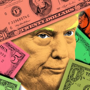 Donald Trump looking frustrated peaking out behind and in front of money cash in a photo illustration illo