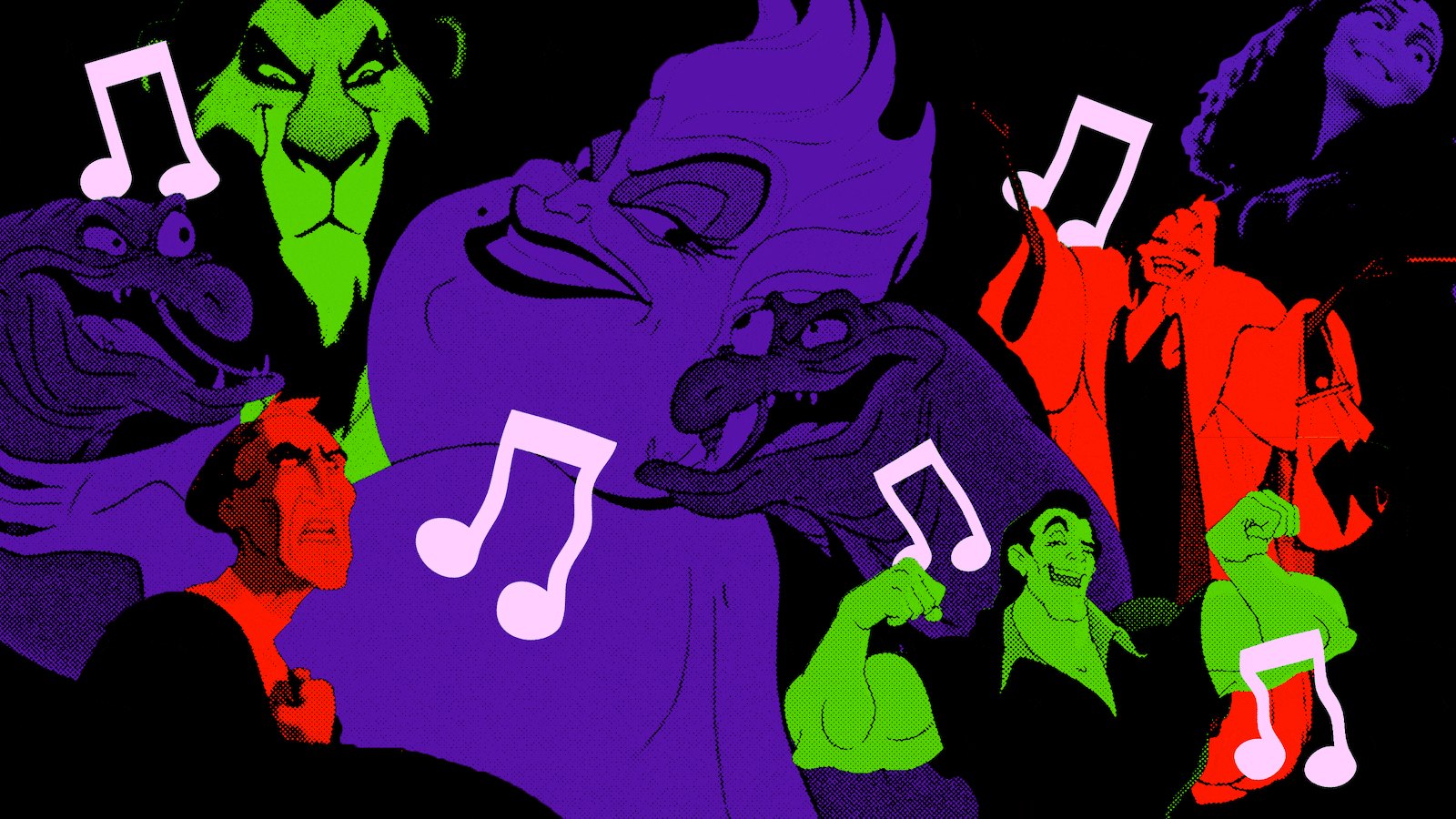 Photo illustrated gif of Disney villains and moving music notes