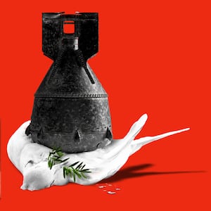 A dead dove being crushed by an atomic bomb holding an olive branch in its mouth