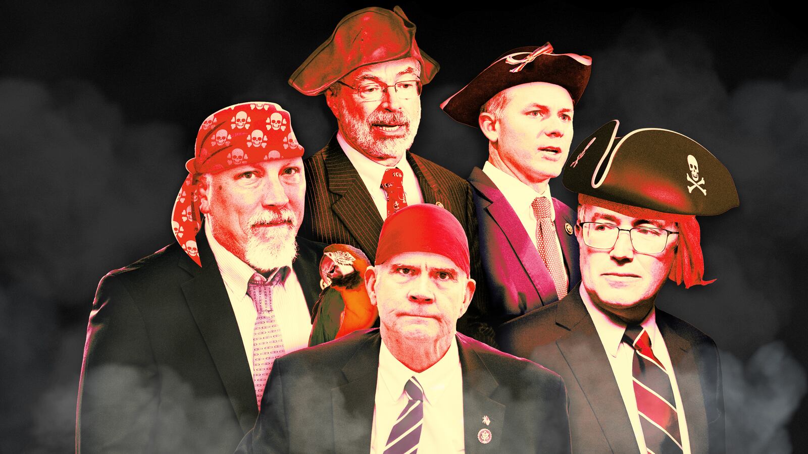 A photo illustration of Chip Roy, Andy Harris, Matt Rosendale, Blake Moore, and Thomas Massie.