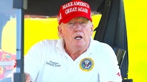 Donald Trump is seen on the on the 15th hole during day one of the LIV Golf Invitational - Bedminster at Trump National Golf Club on August 11, 2023 in Bedminster, New Jersey.