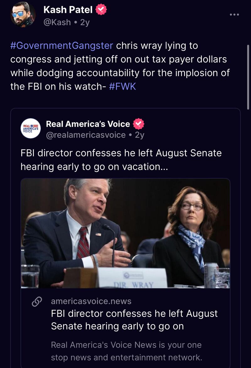 Kash Patel posts criticism of Chris Wray