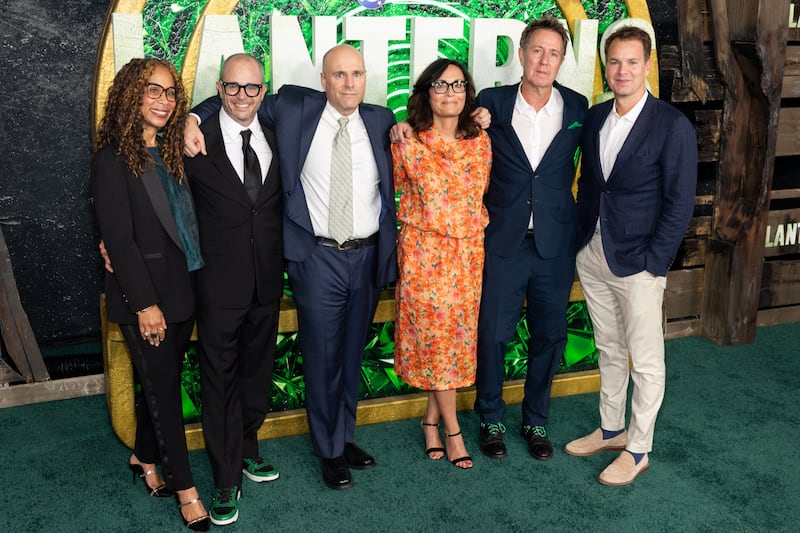Channing Dungey, Chairwoman & CEO, Warner Bros. Television Studio, Damon Lindelof, Tom King, Sarah Aubrey, Head of Original Content, Max, Chris Mundy and Casey Bloys, Chairman and CEO, HBO and Max Content attend the Los Angeles premiere of DC Studios Drama Series "Lanterns" at Paramount Theater on August 13, 2026 in Los Angeles, California.