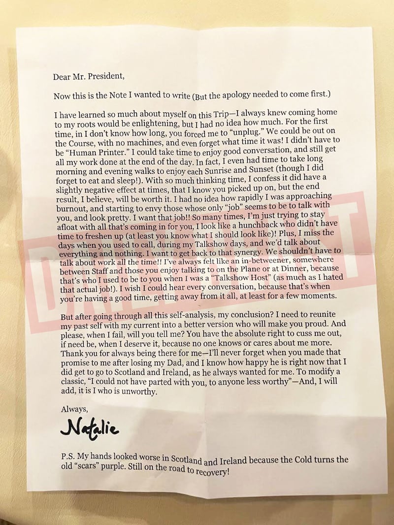 Letter reportedly from Natalie Harp to Donald Trump
