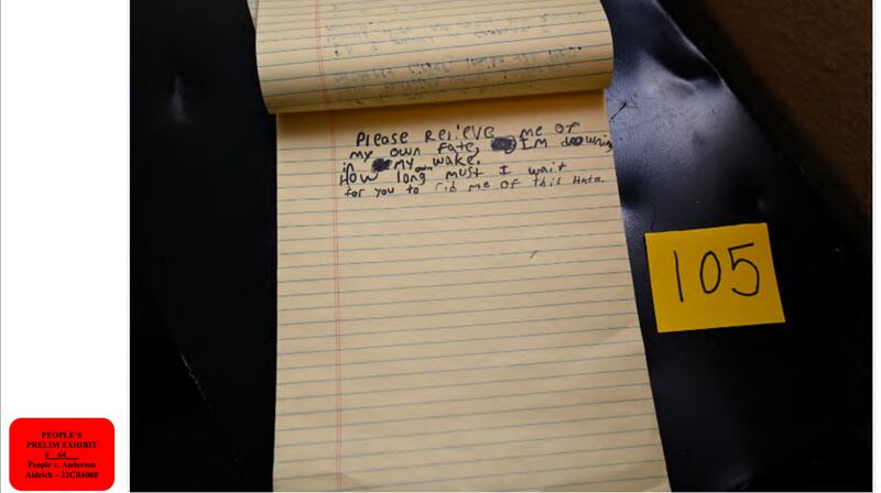 A handwritten note found at Aldrich’s home