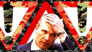 Illo illustration of Pete Hegseth in warning signs with camouflage