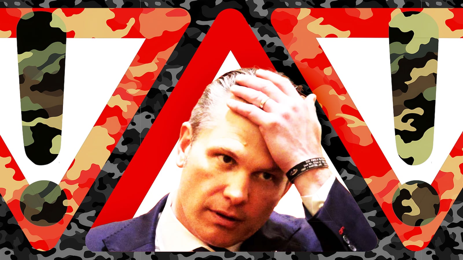 Illo illustration of Pete Hegseth in warning signs with camouflage