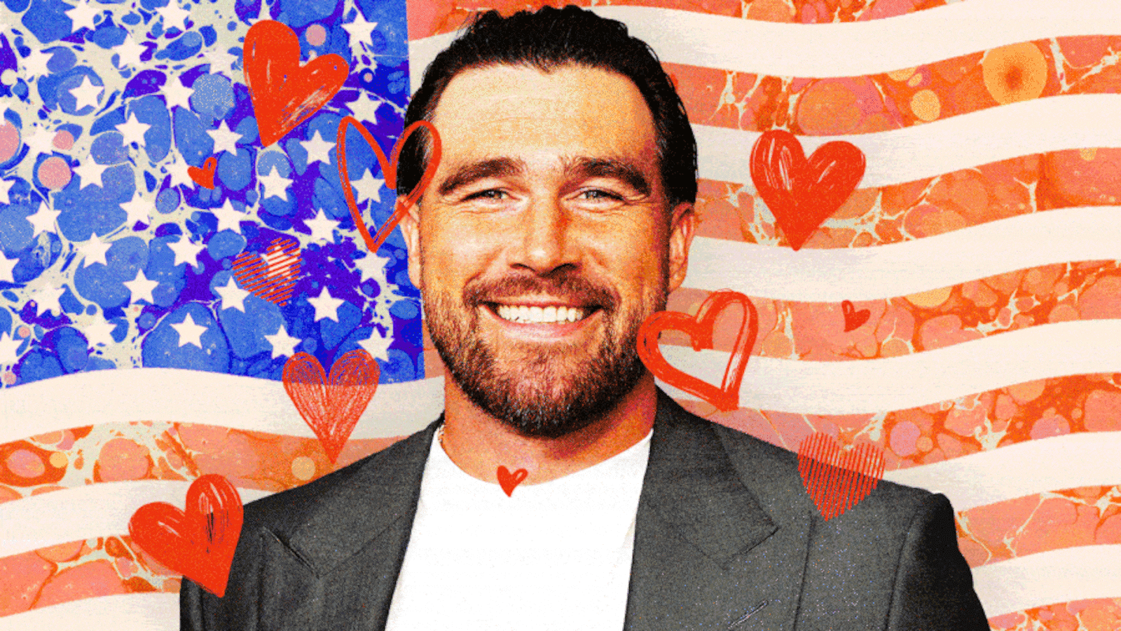 Travis Kelce in front of a waving American flag with hearts on top