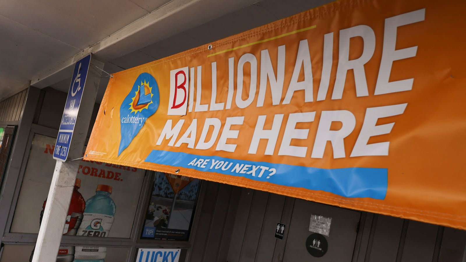 A banner is seen at Joe's Service Center, where a single winning ticket for the Powerball lottery drawing was sold, in Altadena, California, U.S., November 8, 2022.