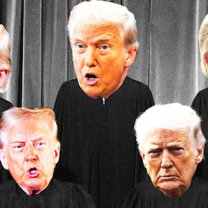 Supreme Court justices with Donald Trump angry faces on top of their heads