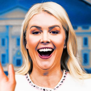 A photo illustration of Karoline Leavitt.