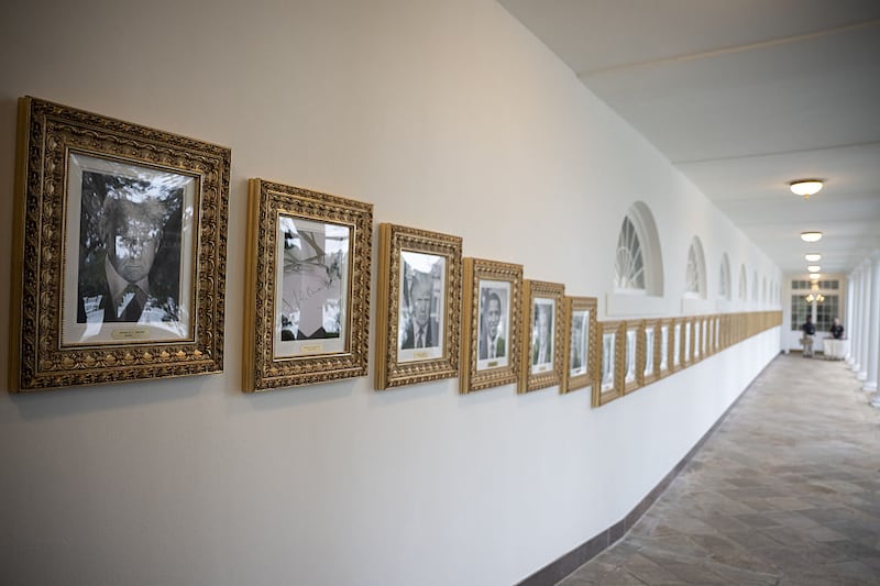 The portraits of US presidents are seen outside the Oval Office, except former President Joe Biden, whose portrait is an autopen copy, in Washington D.C., United States on September 25, 2025. (Photo by Celal Gunes/Anadolu via Getty Images)