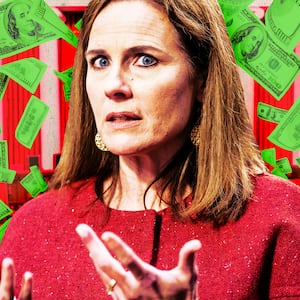 A photo illustration of Supreme Court JusticeAmy Coney Barrett and money flying.