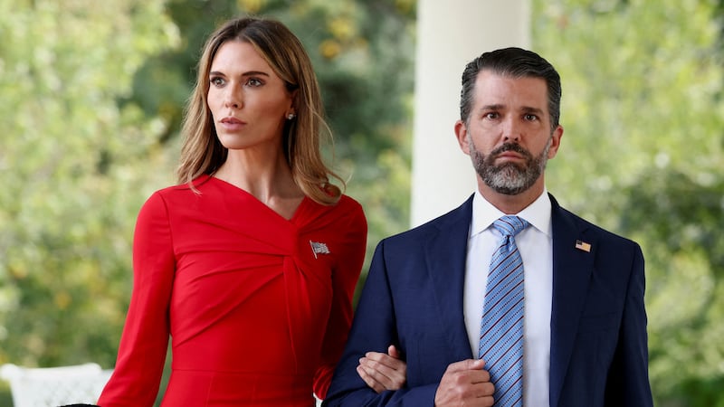 Donald Trump Jr. and Bettina Anderson attend a ceremony held by U.S. President Donald Trump to award posthumously the Medal of Freedom to Charlie Kirk in the Rose Garden at the White House in Washington, D.C., U.S., October 14, 2025. REUTERS/Kevin Lamarque