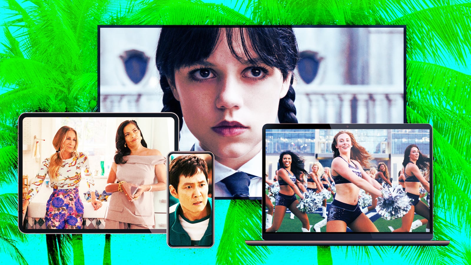 A photo illustration of production stills from And Just Like That, Wednesday, Squid Games, and America's Sweethearts: Dallas Cowboy Cheerleaders.