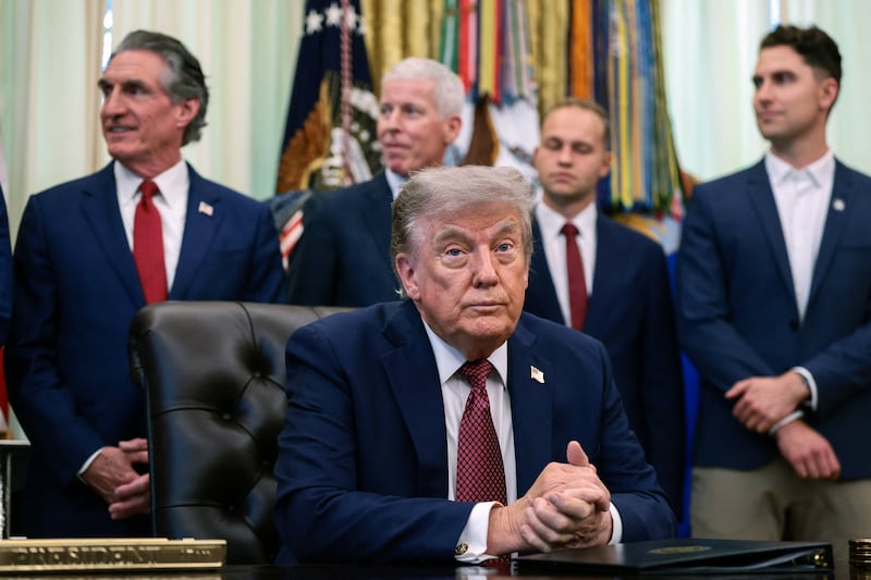 U.S. President Donald Trump looks on as he makes an announcement on American nuclear innovation in the Oval Office at the White House in Washington, D.C., U.S., July 24, 2026.